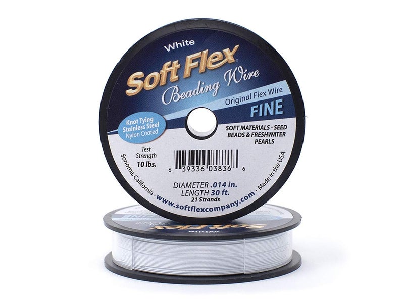 Soft Flex Kink Resistant Knot Tying Hypoallergenic Jewelry Making Wire, 21 Strands of Braided Stainless Steel Beading Wire, .014 Fine Diameter, 30 ft White Nylon Color Coating